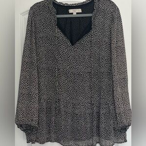 Loft Plus Black White Floral Top Blouse Tie Front Ruffle Flowy Career Office 18